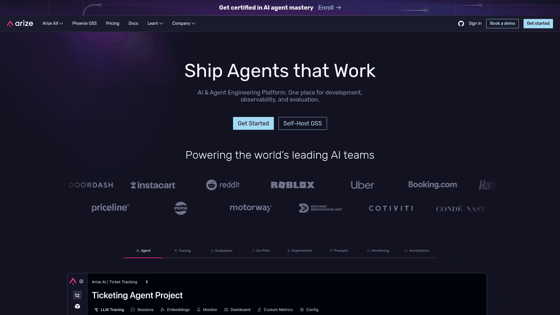Arize AI website screenshot