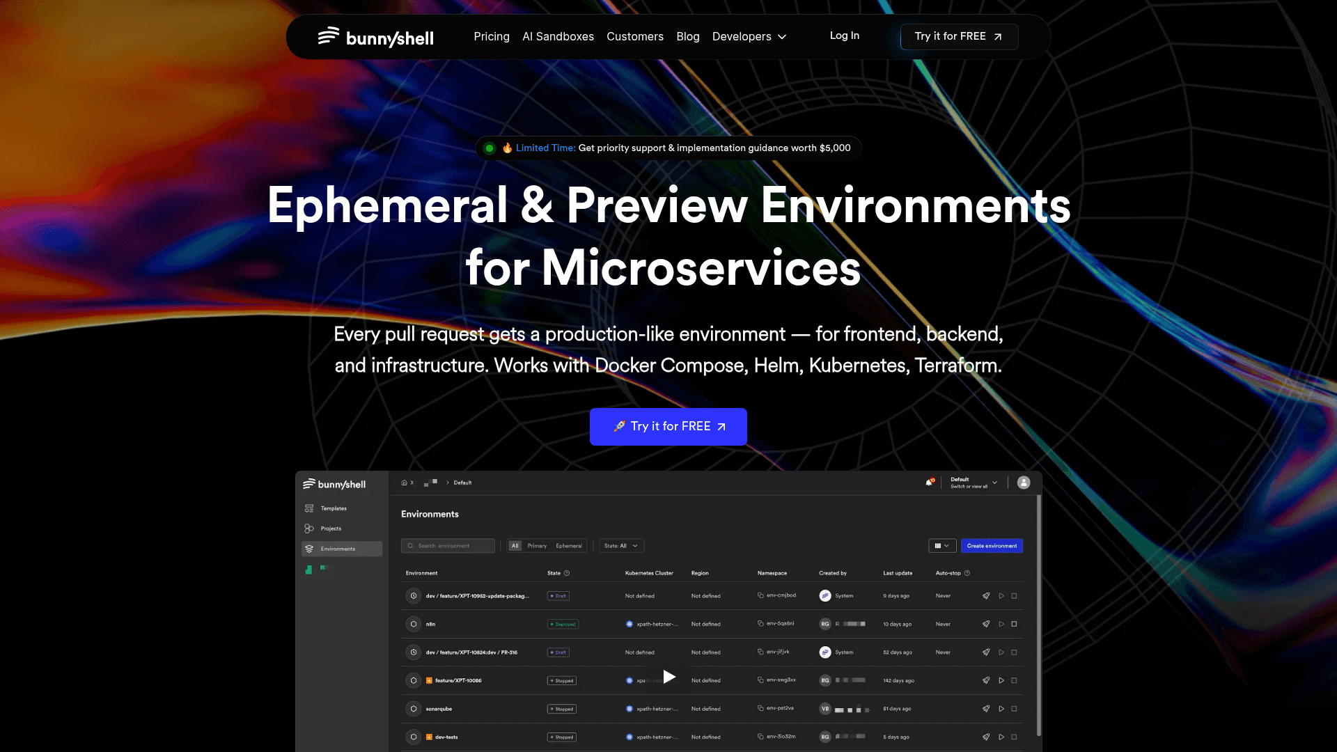Bunnyshell website screenshot